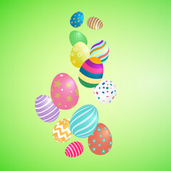 easter eggs on a green background. flying colored Easter eggs. Template for Web