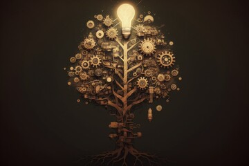 Organization chart in the form of tree with gears and light bulb, concept of ideas and creativity. Generative AI