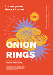 Onion rings. Price tag or poster design. Set of vector illustrations. Typography. Engraving style. Labels, cover, t-shirt print, painting.