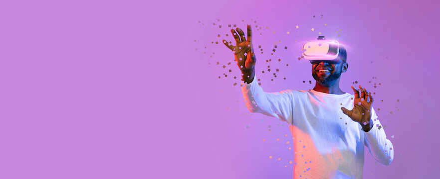 African american man experiencing virtual reality, using VR headset, collage
