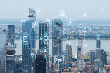 Aerial panoramic city view of West Side Manhattan and Hudson Yards district at day time, NYC, USA. Social media hologram. Concept of networking and establishing new people connections