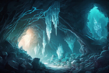 Fantasy cave with glowing crystals and ice