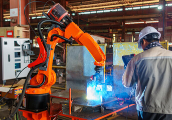 Robotic Welding Machine, Technicians Welding a Steel Plate of Steel Structure with Robotic Welding...