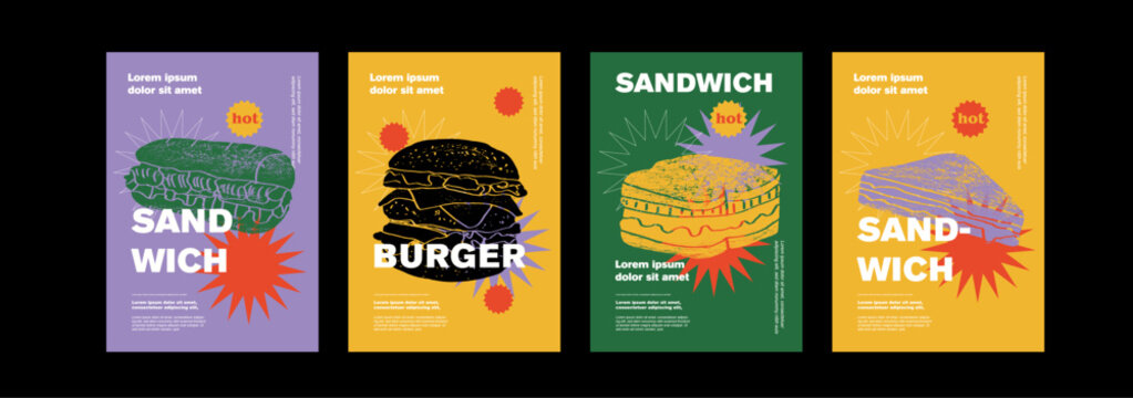 Burger, sandwiches. Price tag or poster design. Set of vector illustrations. Typography. Engraving style. Labels, cover, t-shirt print, painting.