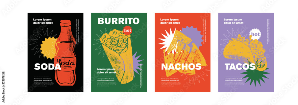Wall mural mexican burrito, soda, nachos, tacos. price tag or poster design. set of vector illustrations. typog