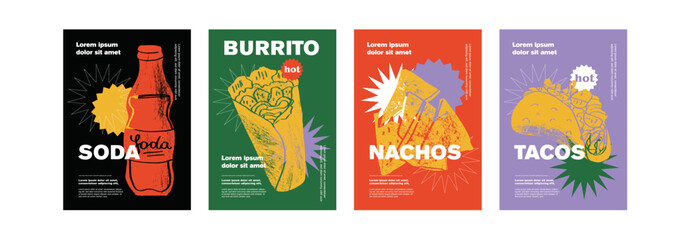 Mexican burrito, soda, nachos, tacos. Price tag or poster design. Set of vector illustrations. Typography. Engraving style. Labels, cover, t-shirt print, painting.