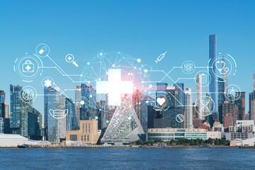 New York City skyline from New Jersey over the Hudson River towards Midtown Manhattan at day time. Health care digital medicine hologram. The concept of treatment and disease prevention