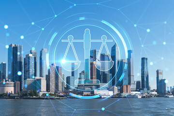 New York City skyline from New Jersey over the Hudson River towards the Hudson Yards at day....