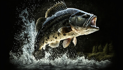 The black bass fish jumps out of the river water in a stunning display of agility and power, generated by IA - obrazy, fototapety, plakaty