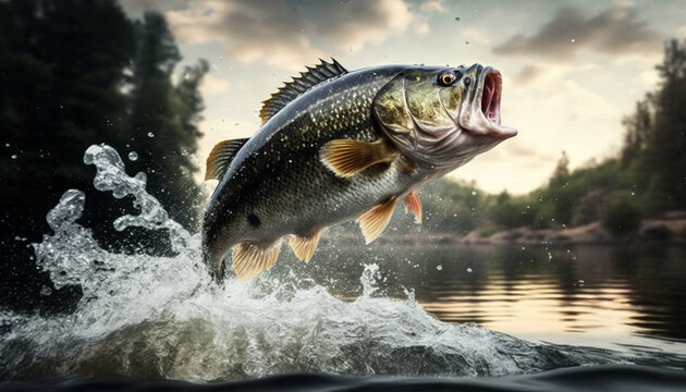 This stunning photo captures the excitement and thrill of sport fishing for black bass, generated by IA
