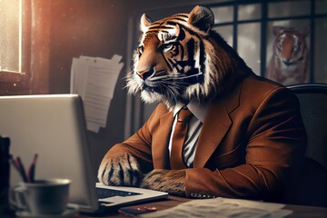 Portrait Of A Tiger In A Business Suit At His Workplace At The Office. Generative AI
