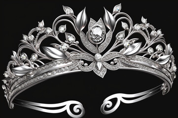 Silver tiara with diamonds on a black background