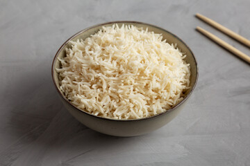 Homemade Cooked Basmati Rice in a Bowl, side view.