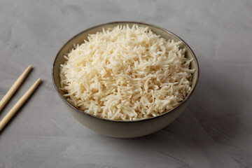 Homemade Cooked Basmati Rice in a Bowl, side view.