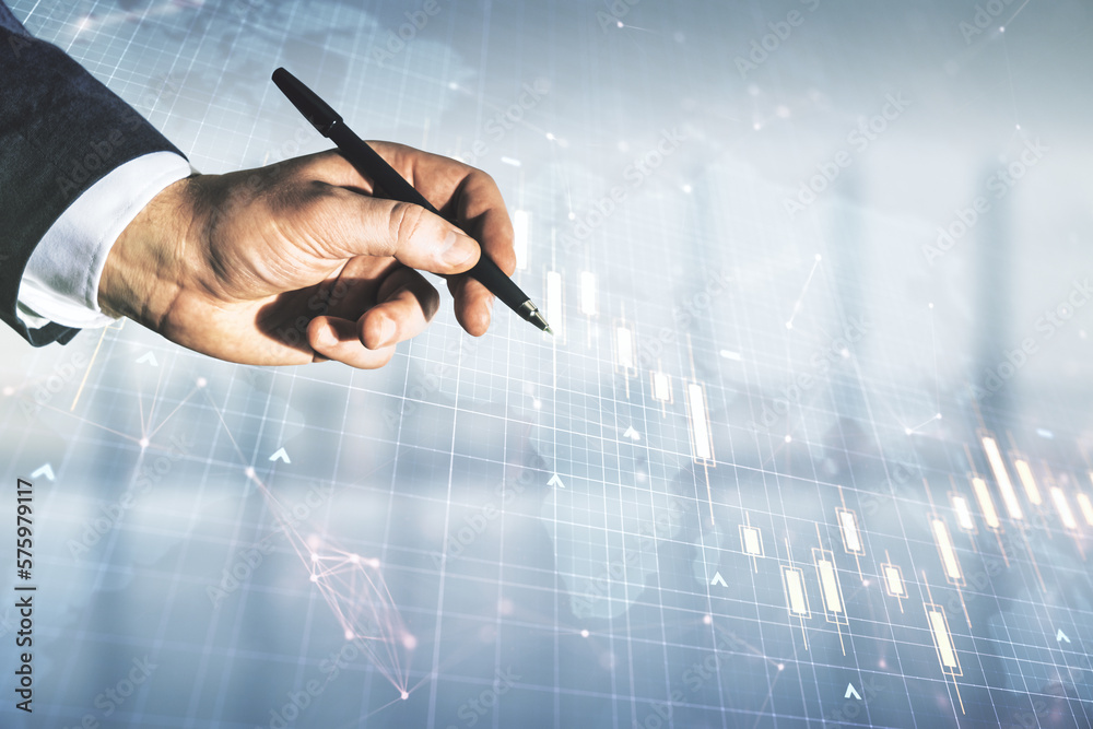Poster multi exposure of man hand with pen working with abstract financial diagram and world map on blurred