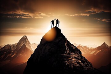 Two Person On Top Of Mountain Peak. Goal, Success And Teamwork Concepts. Generative AI