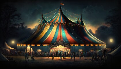 Huge colorful circus tent at night with a crowd. Generative AI - obrazy, fototapety, plakaty