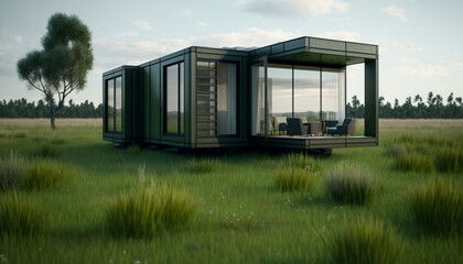 Luxury container house on a grassy field in the daylight. Generative AI