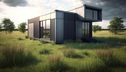 Obraz premium Luxury container house on a grassy field in the daylight. Generative AI