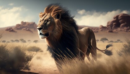 Majestic male lion looking for prey in the savannah. Generative AI