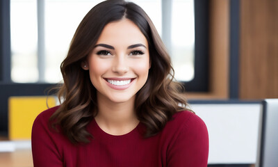 Portrait of young woman in a busy modern workplace, office environment in the background. create with Generative AI