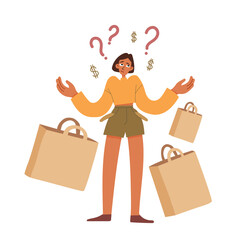 Sad woman with empty pockets surprised where the money is gone. Frustrated young female spent all money on impulse buy. Vector illustration.