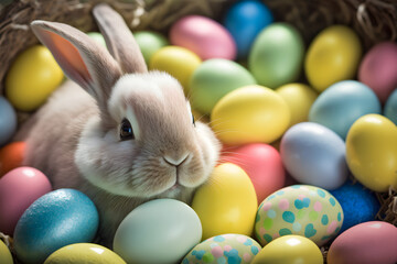 Fototapeta na wymiar Cute Bunny Sitting on a Pile of Colorful Easter Eggs