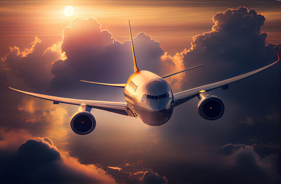 Airplane flying among the clouds in the sunset,  Air Modern passenger jet 767, 