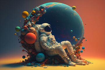 illustration of an astronaut meditating on the solar system Generative AI