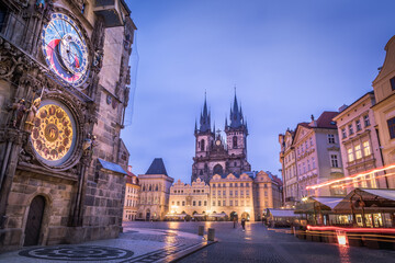 Fototapeta na wymiar Astronomical clock, Tyn church and old town hall tower in Prague, Czech republic