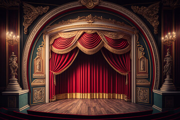 Red Curtains Theater Scene Stage Backdrop. Curtain With Space For Copy. Show Background Performance. Generative AI