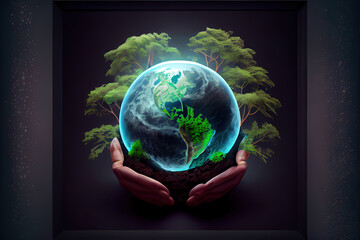 Women's hands holding the green planet earth. Eco concept, ecology, clean energy and environment. Generative Ai