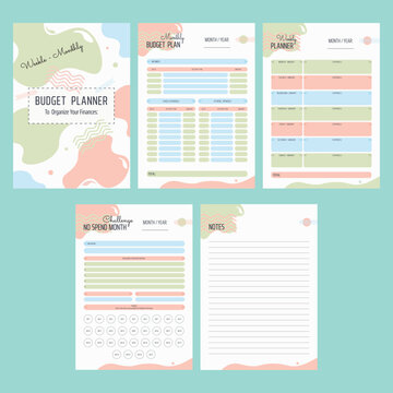 Cute monthly and weekly budget finance planner templates with abstract details. 5 pages in flat vector, CMYK colors. Тemplates for any purposes, can be used as agenda or organizer for personal finance