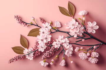 Cute cherry blossom branches on pink background. Generative AI