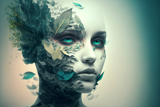 Generative ai surreal portrait beautiful woman with branches and butterflies