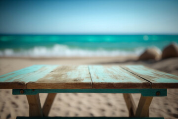 Obraz na płótnie Canvas Empty wooden table or pier with sunny beach and sea. Generative AI