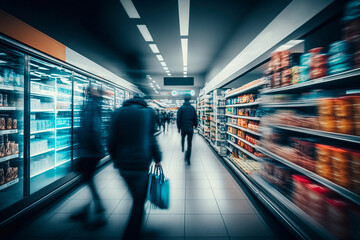 Blurred supermarket, people in motion. Generative AI