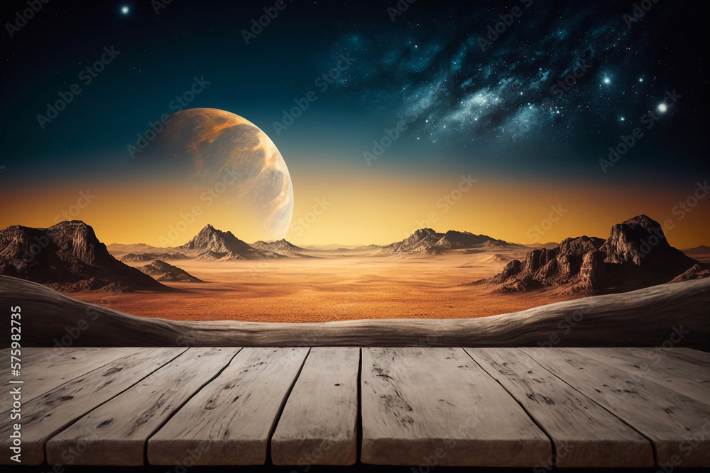 Wall mural empty wooden table with space landscape background. generative ai