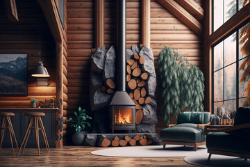 Luxurious interior of a winter cottage. Generative AI