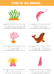 Tracing names of sea animal types. Writing practice.