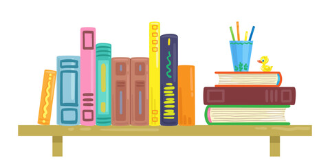 Shelf with colorful books, pencils and toys. In cartoon style. Isolated on white background. Vector flat illustration