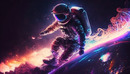 Vivid colorful illustrations of astronauts in space surfing on surfboard waves of galaxies generate ai.