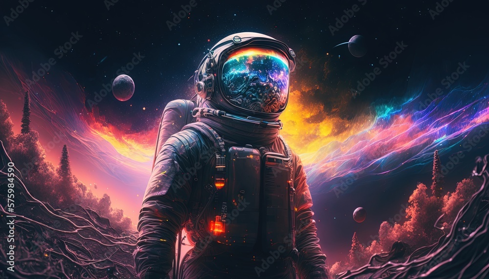 Wall mural vivid colorful illustrations of astronaut in space. cosmos of galaxies generate ai.