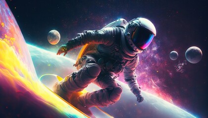 Fototapeta na wymiar Vivid colorful illustrations of astronauts in space surfing on surfboard waves of galaxies generate ai.