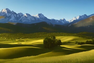 Landscape with mountains. Nature background. countryside view with forest, field and hills. Generative AI