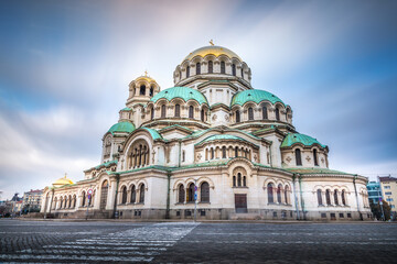 Alexander Nevski cathedral square in Sofia at dramatic autumn sunset, Bulgaria