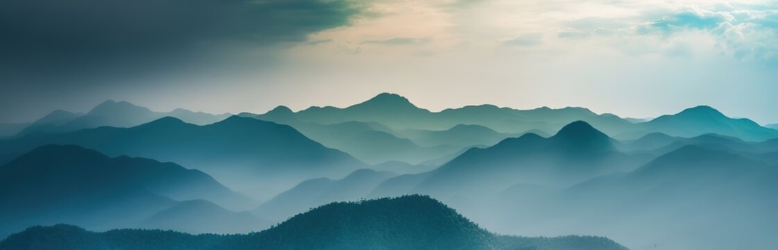 beautiful landscape with mountains fading into fog at dawn, generative AI