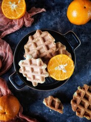 Flatlay with Viennese waffles on a grill pan with a slice of tangerine on a black concrete background in a rustic style.