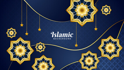 Blue and gold luxury islamic background with decorative ornament pattern lantern Premium Vector