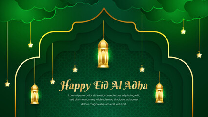 gold and green luxury eid al adha islamic background with decorative ornament pattern Premium Vector